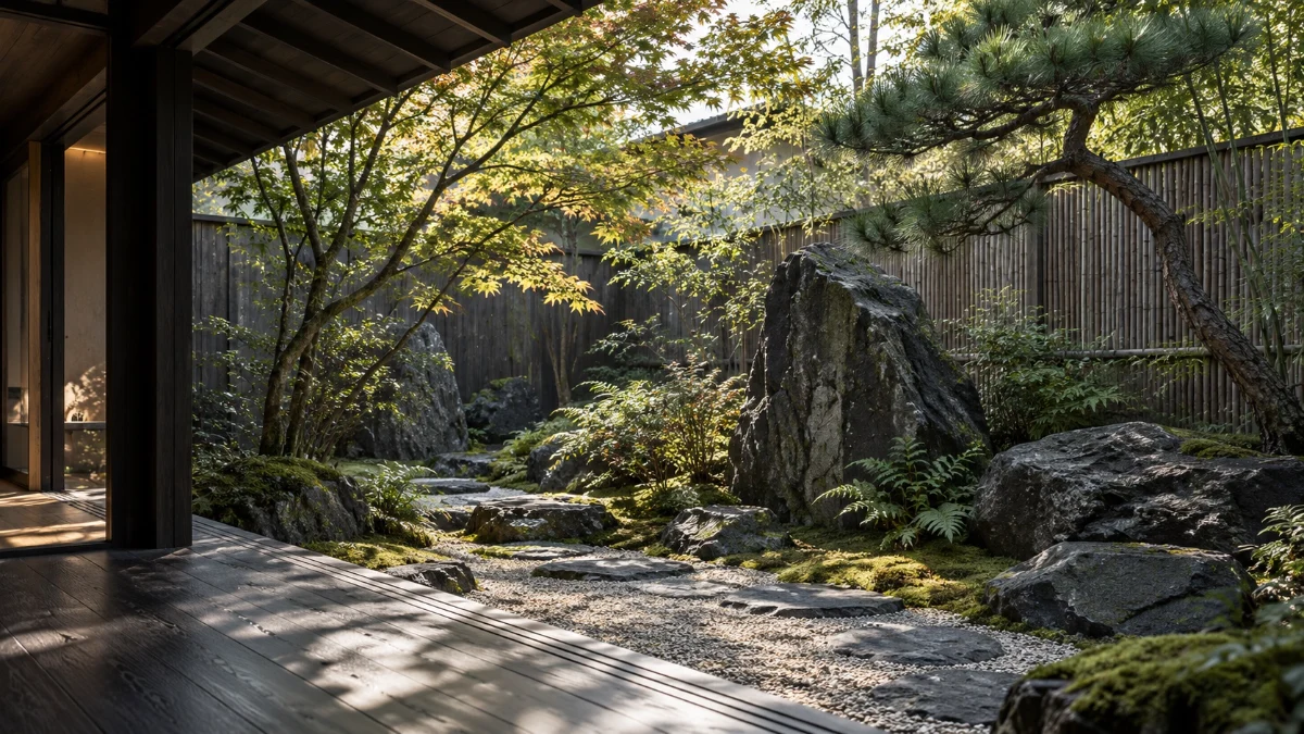 AI-generated Japanese residential garden concept with stone, planting and architecture; not an actual project.