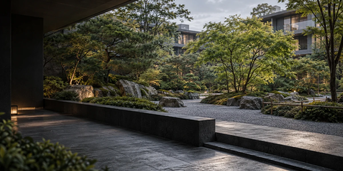 Imagined Japanese garden integrated with contemporary residential architecture, stone, planting and low concrete edges; AI-generated concept.