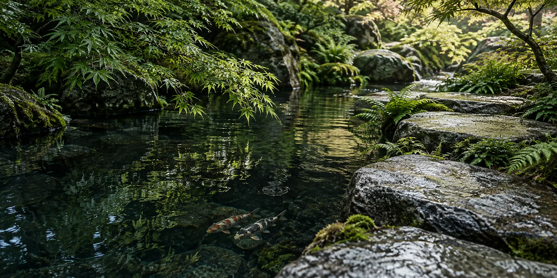 AI-generated concept of shaded Japanese garden water, granite stones and two koi; not a completed project.
